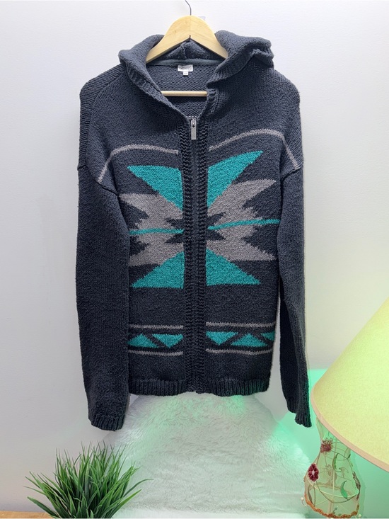 Kismet Other - 86% Cotton Ladies Charcoal Gray Hooded Zip Sweater with Teal Geometric Pattern 🌎